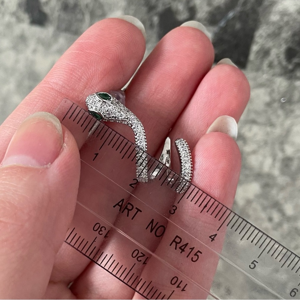Silver Diamond Snake Ear Cuff Stud Earrings Emerald Eyes - Picture 10 of 10